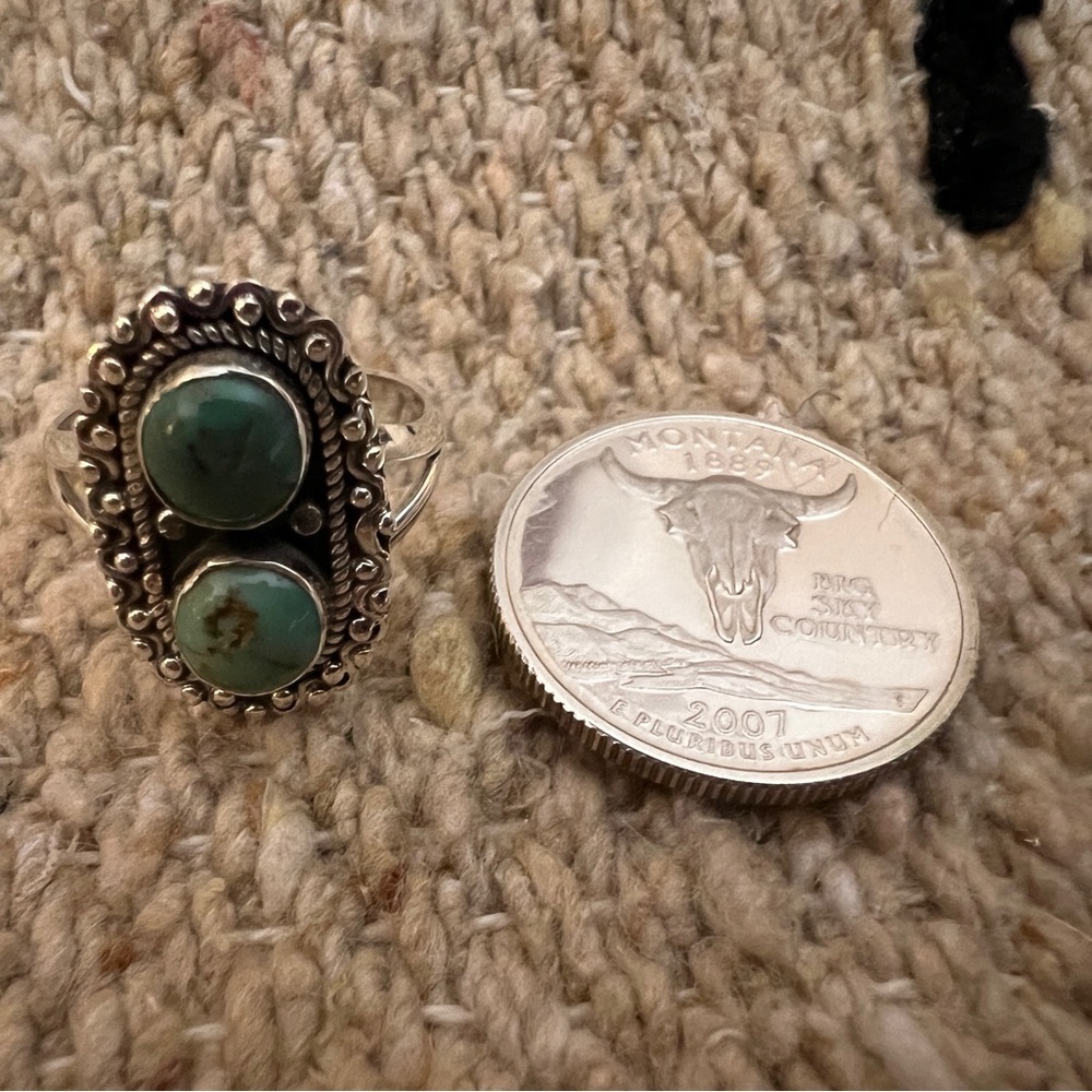 ❤️ Kingman Turquoise 2 Stone 925 Sterling Decorative Sz 6.75 Navajo Ring 3.8 Gm - Picture 11 of 17